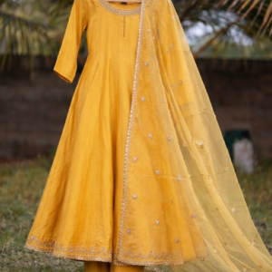 Mustard Yellow Embroidered Kurti Set with Sheer Dupatta(SDY01)